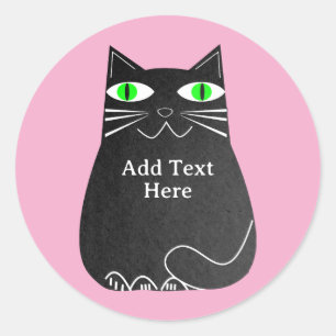 Black Fat Cat With Green Eyes Custom Text Pink Classic Round Sticker