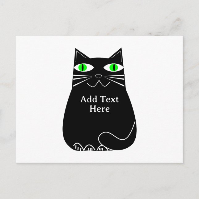Black Fat Cat With Green Eyes Custom Text Postcard (Front)