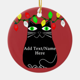 Black Fat Cat With Green Eyes Custom Text Red Ceramic Tree Decoration