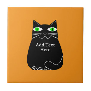 Black Fat Cat With Green Eyes Custom Text Tile