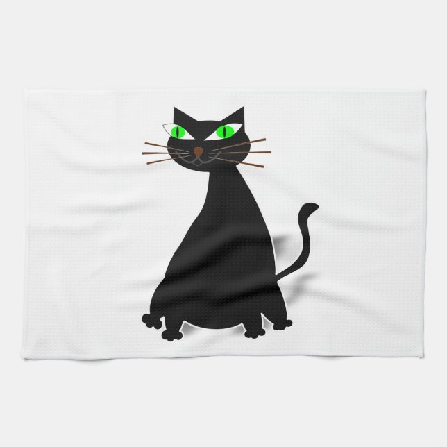 Black Fat Cat With Green Eyes Tea Towel (Horizontal)
