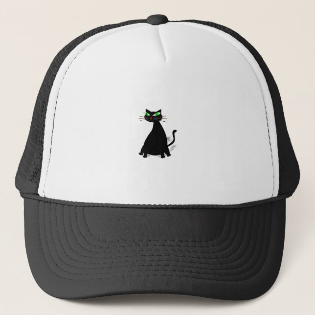 Black Fat Cat With Green Eyes Trucker Hat (Front)
