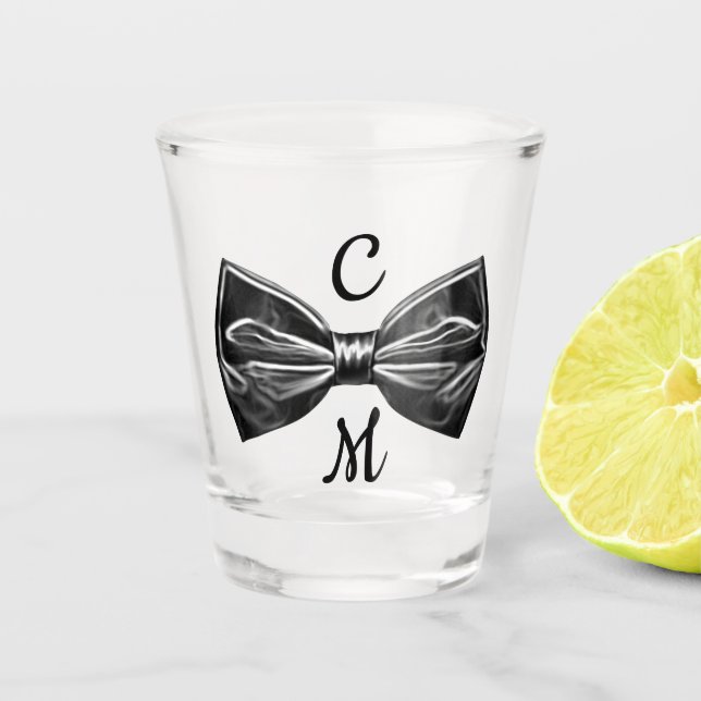Black Faux Bow Tie Monogram Shot Glass (Front)