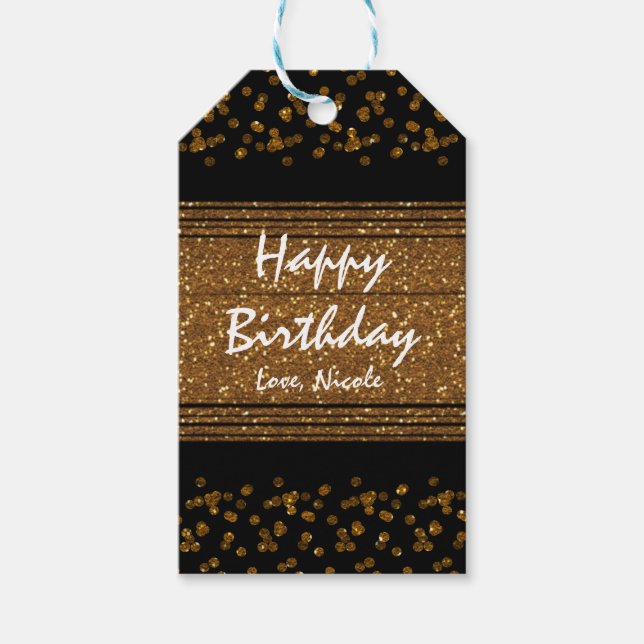 Black Faux Brushed Gold Glitter Glamour Gift Tag (Front)