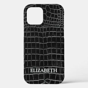 Black Faux Crocodile Leather Personalised Name iPhone 12 Case