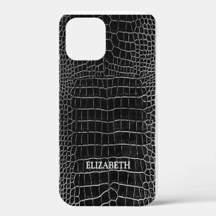 Black Faux Crocodile Leather Personalised Name iPhone 12 Case