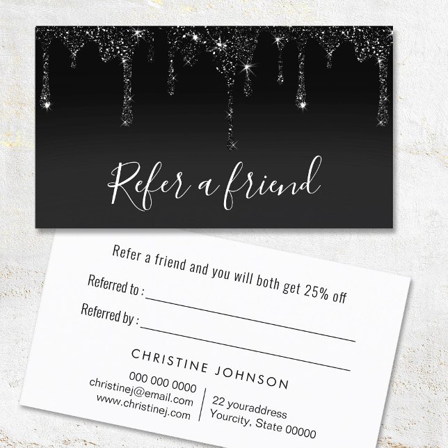 black faux glitter drips on black referral card (Creator Uploaded)