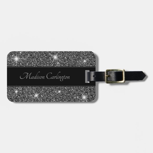 Black Faux Glitter Shimmer Texture Name Luggage Tag (Front Horizontal)