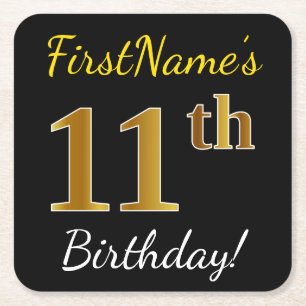 Black, Faux Gold 11th Birthday + Custom Name Square Paper Coaster