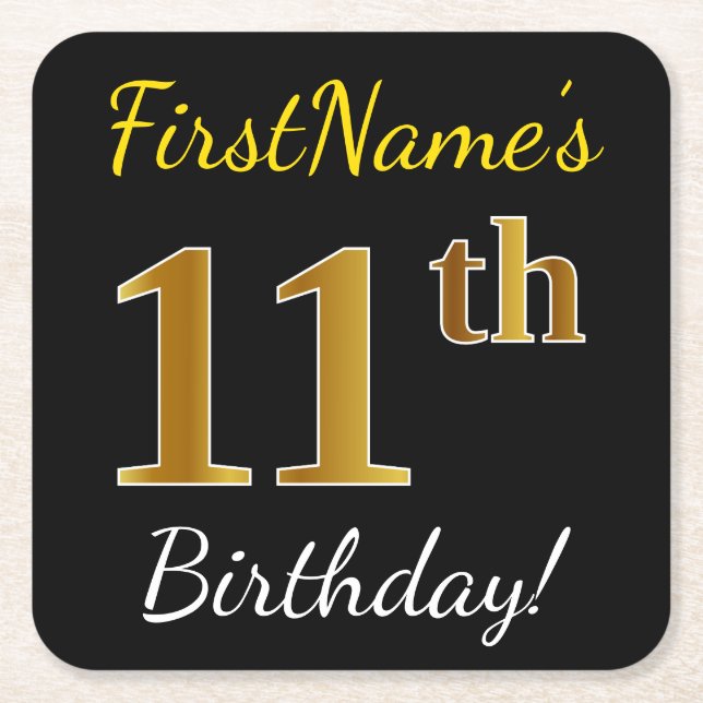 Black, Faux Gold 11th Birthday + Custom Name Square Paper Coaster (Front)