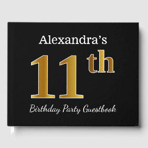 Black, Faux Gold 11th Birthday Party + Custom Name Guest Book
