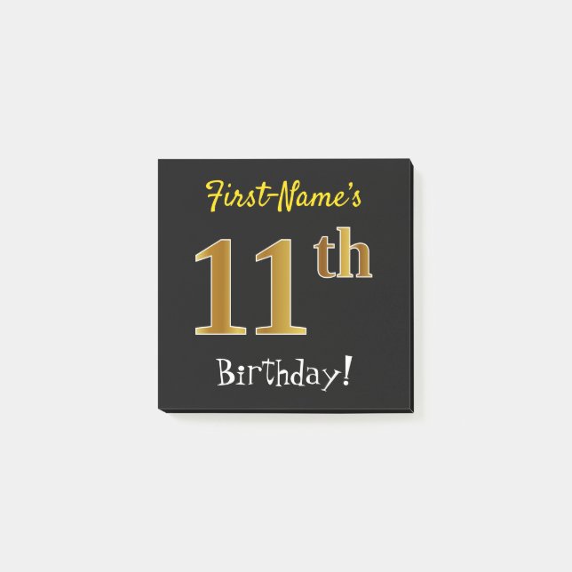 Black, Faux Gold 11th Birthday, With Custom Name Post-it Notes (Front)