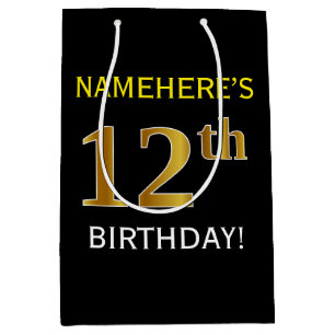 Black, Faux Gold 12th Birthday + Custom Name Medium Gift Bag