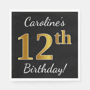 Black, Faux Gold 12th Birthday + Custom Name Napkin