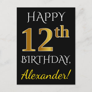Black, Faux Gold 12th Birthday + Custom Name Postcard