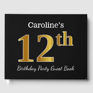 Black, Faux Gold 12th Birthday Party + Custom Name Guest Book