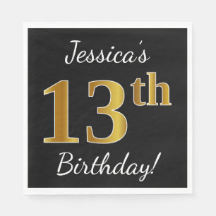 Black, Faux Gold 13th Birthday + Custom Name Napkin