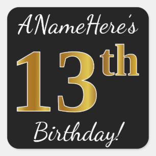 Black, Faux Gold 13th Birthday + Custom Name Square Sticker