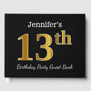 Black, Faux Gold 13th Birthday Party + Custom Name Guest Book