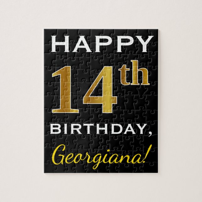 Black, Faux Gold 14th Birthday + Custom Name Jigsaw Puzzle (Vertical)