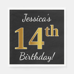 Black, Faux Gold 14th Birthday + Custom Name Napkin