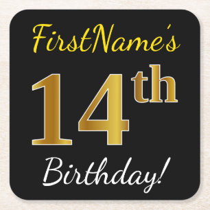 Black, Faux Gold 14th Birthday + Custom Name Square Paper Coaster