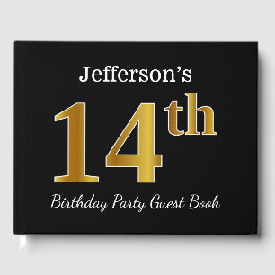 Black, Faux Gold 14th Birthday Party + Custom Name Guest Book