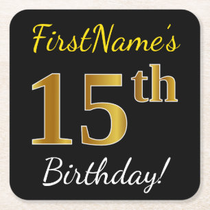 Black, Faux Gold 15th Birthday + Custom Name Square Paper Coaster