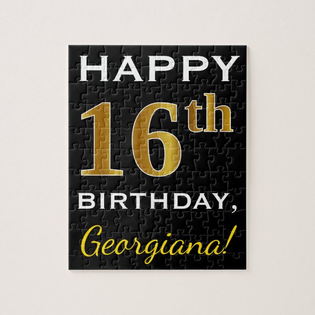 Black, Faux Gold 16th Birthday + Custom Name Jigsaw Puzzle (Vertical)