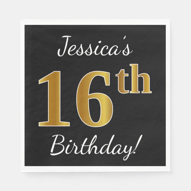 Black, Faux Gold 16th Birthday + Custom Name Napkin (Front)