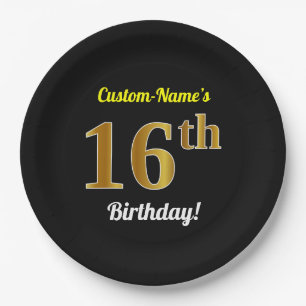 Black, Faux Gold 16th Birthday + Custom Name Paper Plate