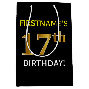 Black, Faux Gold 17th Birthday + Custom Name Medium Gift Bag