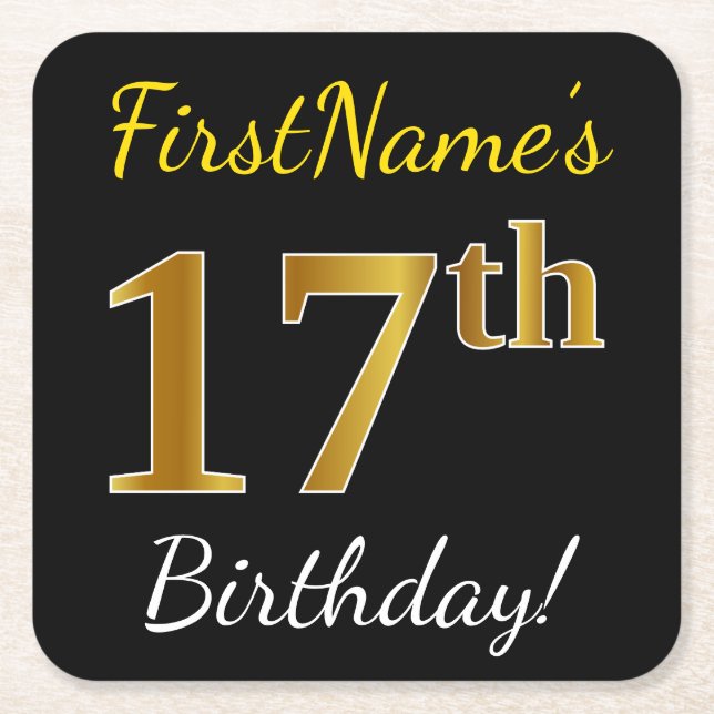 Black, Faux Gold 17th Birthday + Custom Name Square Paper Coaster (Front)
