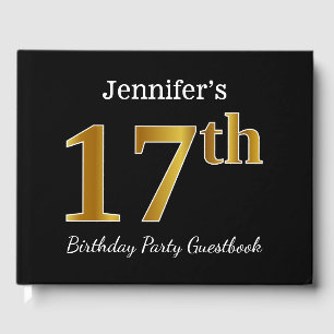 Black, Faux Gold 17th Birthday Party + Custom Name Guest Book