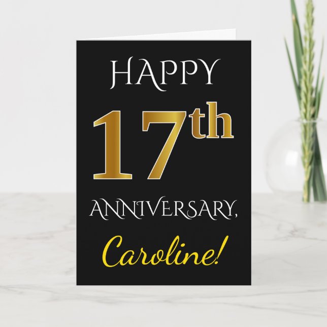 Black, Faux Gold 17th Wedding Anniversary + Name Card (Front)
