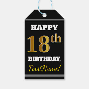 Black, Faux Gold 18th Birthday + Custom Name Gift Tags