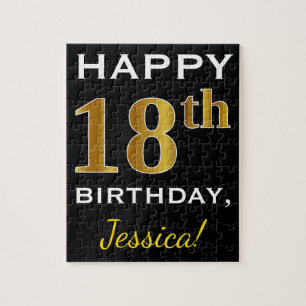 Black, Faux Gold 18th Birthday + Custom Name Jigsaw Puzzle