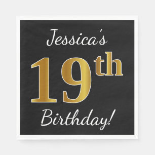 Black, Faux Gold 19th Birthday + Custom Name Napkin