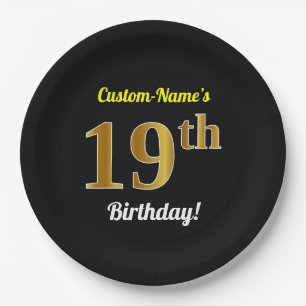 Black, Faux Gold 19th Birthday + Custom Name Paper Plate