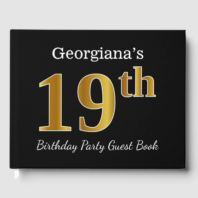 Black, Faux Gold 19th Birthday Party + Custom Name Guest Book (Front)