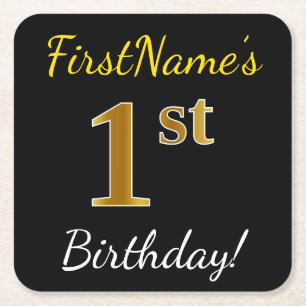 Black, Faux Gold 1st Birthday + Custom Name Square Paper Coaster