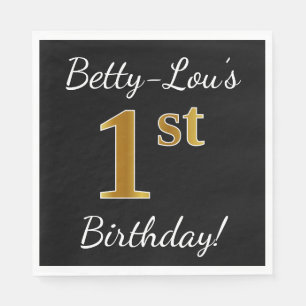 Black, Faux Gold 1st Birthday Party + Custom Name Napkin
