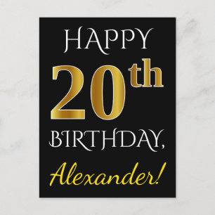 Black, Faux Gold 20th Birthday + Custom Name Postcard
