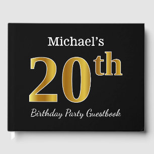 Black, Faux Gold 20th Birthday Party + Custom Name Guest Book