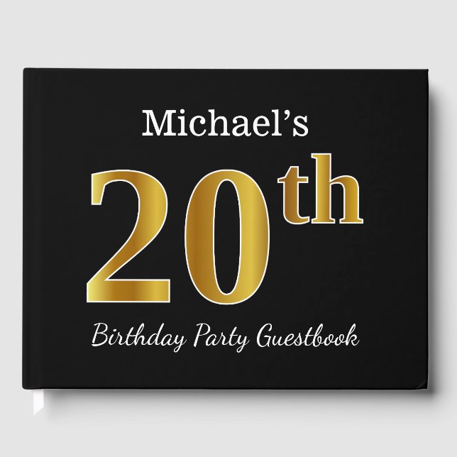Black, Faux Gold 20th Birthday Party + Custom Name Guest Book (Front)