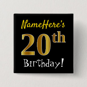 Black, Faux Gold 20th Birthday, With Custom Name 15 Cm Square Badge