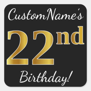 Black, Faux Gold 22nd Birthday + Custom Name Square Sticker