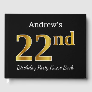 Black, Faux Gold 22nd Birthday Party + Custom Name Guest Book
