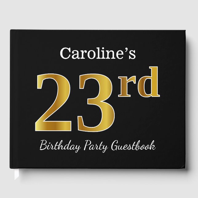 Black, Faux Gold 23rd Birthday Party + Custom Name Guest Book (Front)