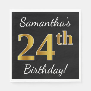 Black, Faux Gold 24th Birthday + Custom Name Napkin